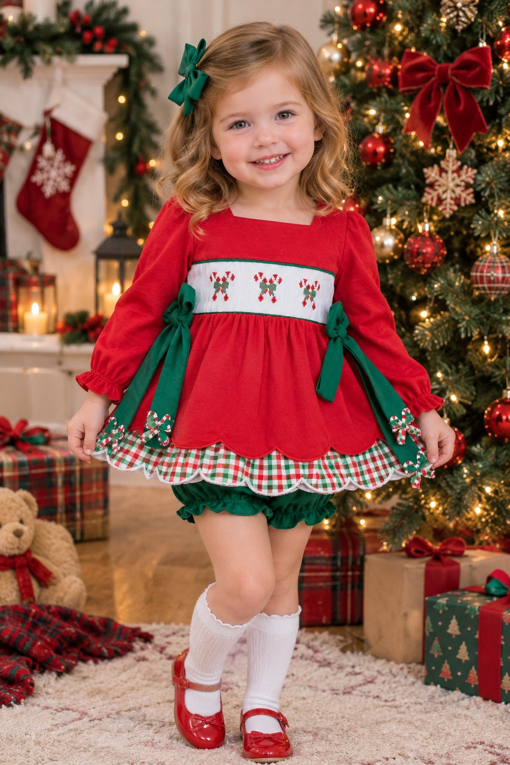 Smocked Christmas Candy Cane Girl Bloomer Set