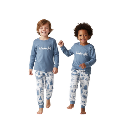 BLUE CHRISTMAS  VINTAGE REINDEER EMBROIDERY PANTS SET