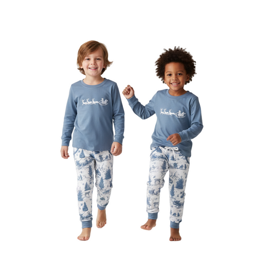 BLUE CHRISTMAS  VINTAGE REINDEER EMBROIDERY PANTS SET