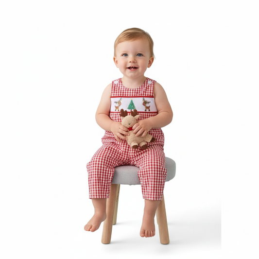 RED WOVEN CHRISTMAS TREE REINDEER SMOCKED JONJON