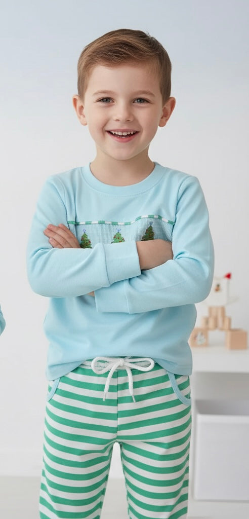BLUE CHRISTMAS TREE SMOCKED STRIPE PANTS SET