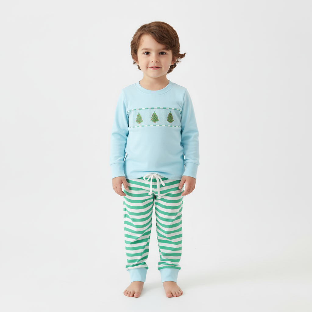 BLUE CHRISTMAS TREE SMOCKED STRIPE PANTS SET