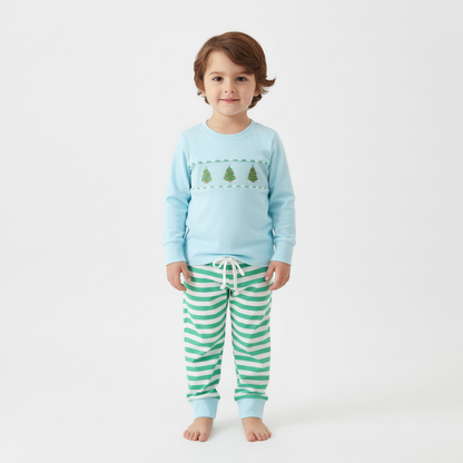 BLUE CHRISTMAS TREE SMOCKED STRIPE PANTS SET