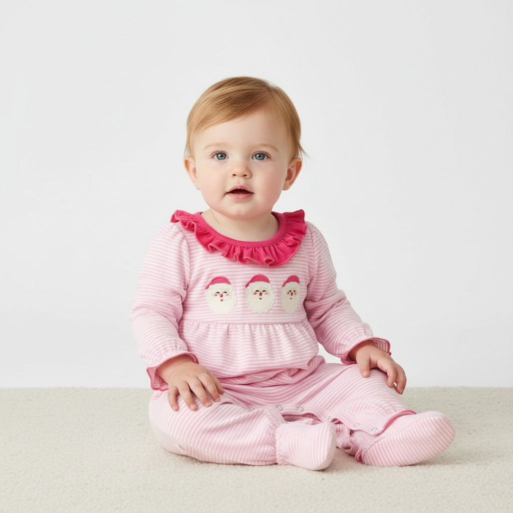 Christmas Santa Applique Pink Striped Baby Girls Romper with Red Ruffle Trim