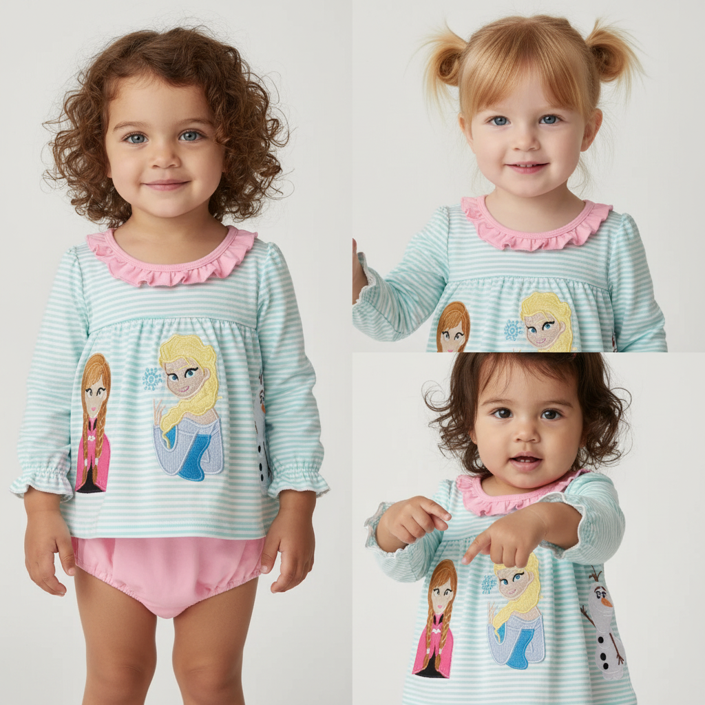 BLUE CHARACTER EMBROIDERY RUFFLE BUBBLE -Frozen Ice Girls