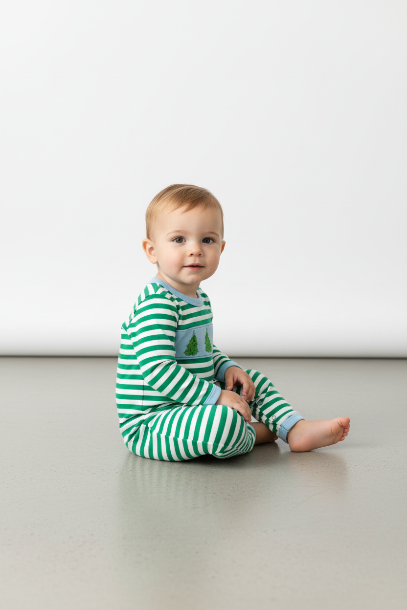 GREEN CHRISTMAS TREE SMOCKED STRIPE ROMPER