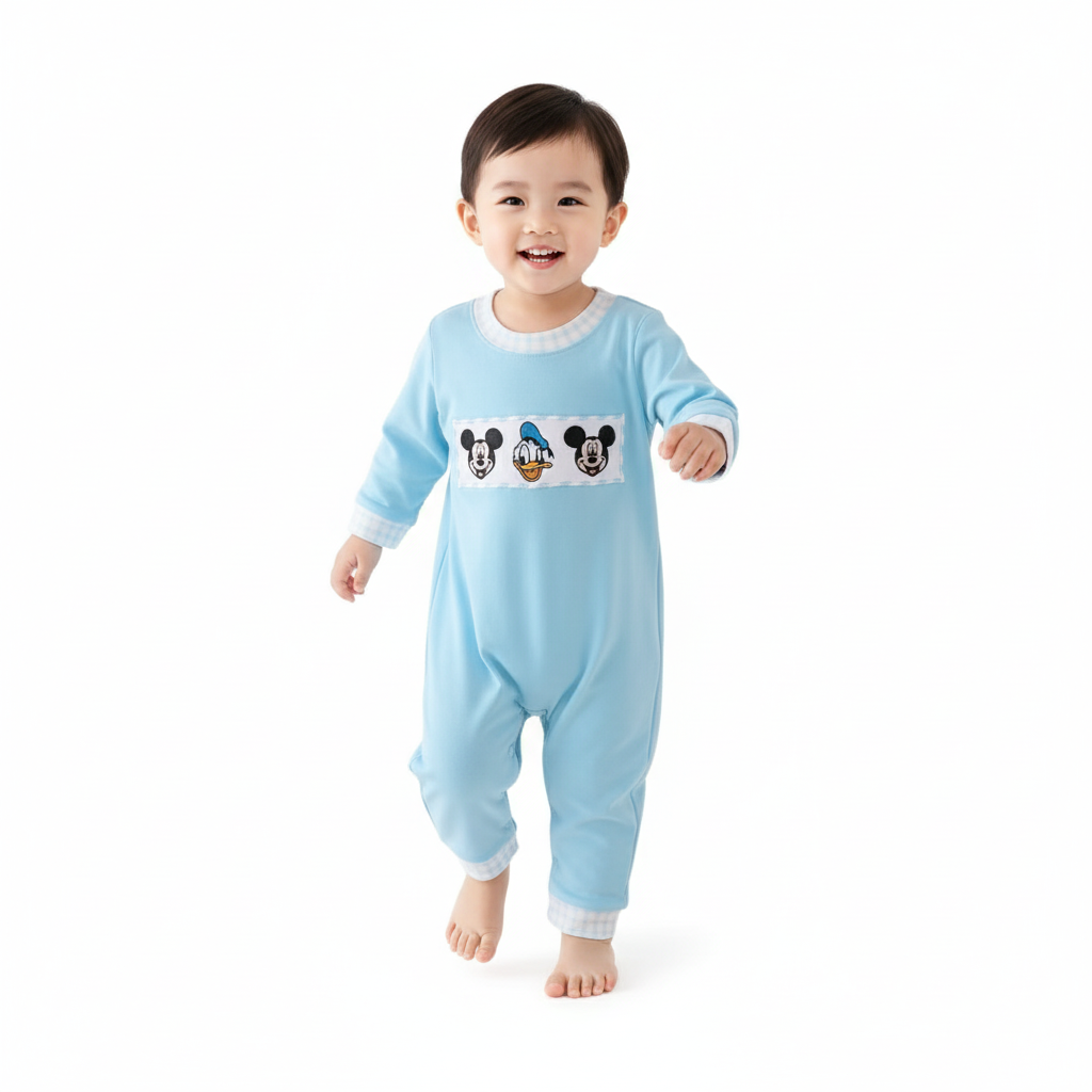 BLUE CHARACTER EMBROIDERY ROMPER