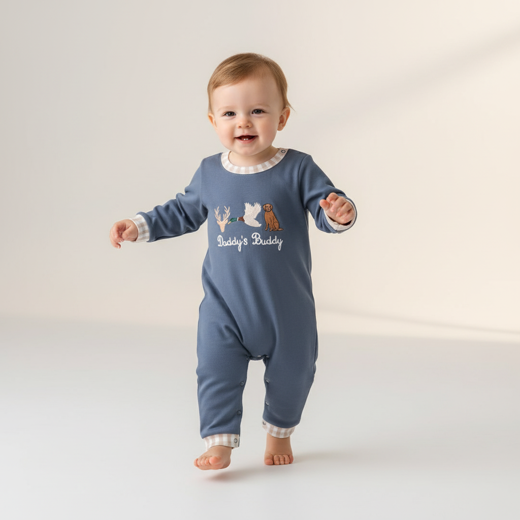 NAVY HUNTING EMBROIDERY ROMPER