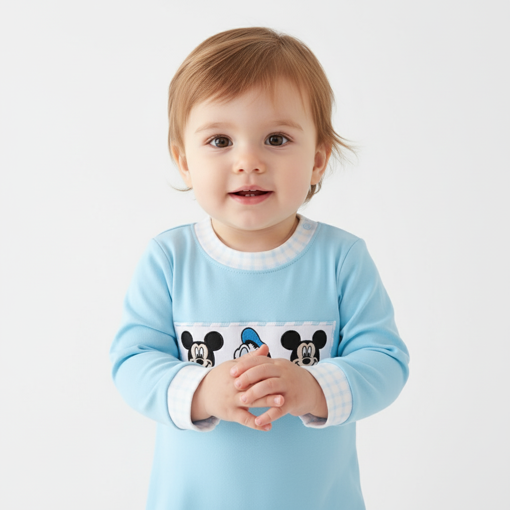 BLUE CHARACTER EMBROIDERY ROMPER