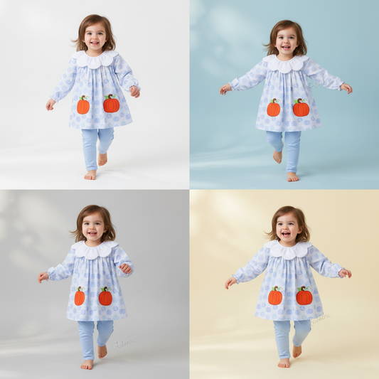 Adorable applique pumpkin girls set in blue