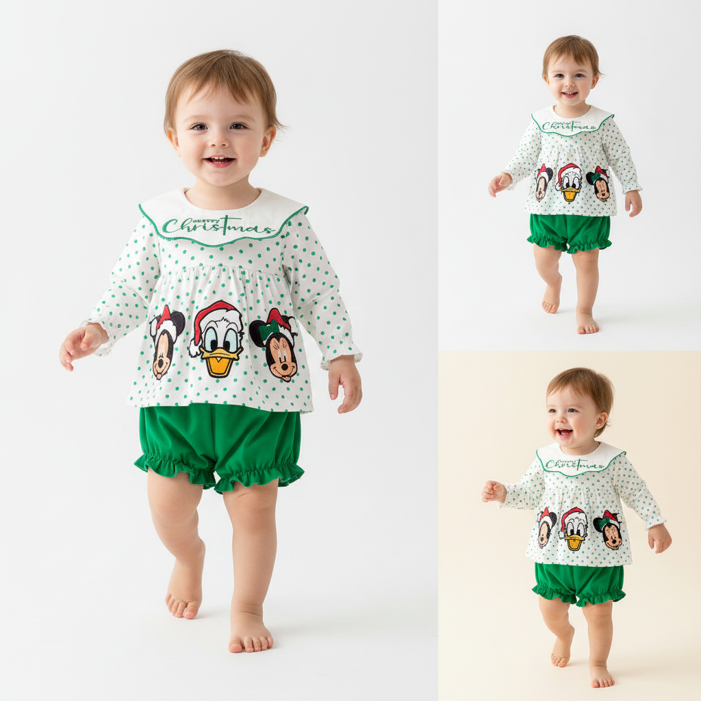 Baby Girls Christmas Cartoon Embroider Romper Set