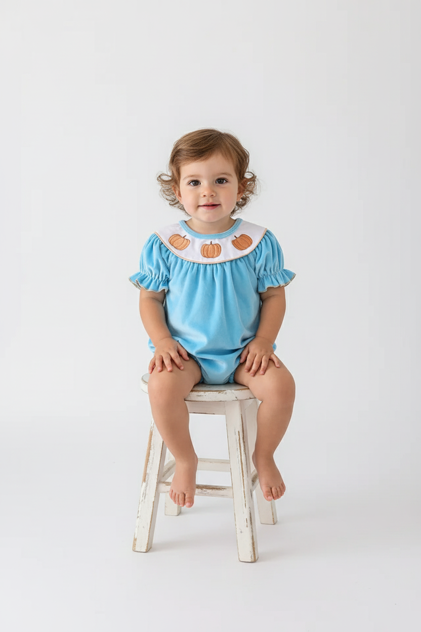 BLUE VELVET PUMPKIN EMBROIDERY GIRL BUBBLE