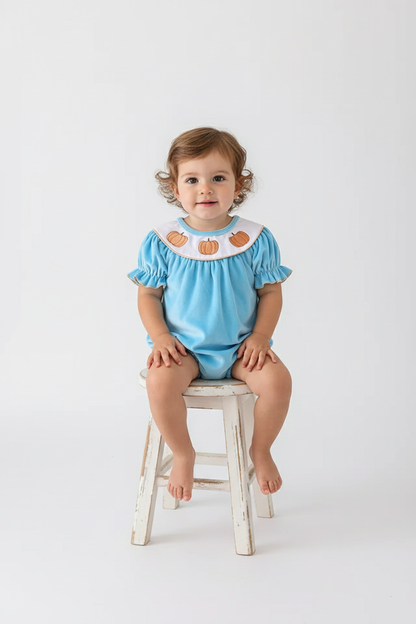 BLUE VELVET PUMPKIN EMBROIDERY GIRL BUBBLE