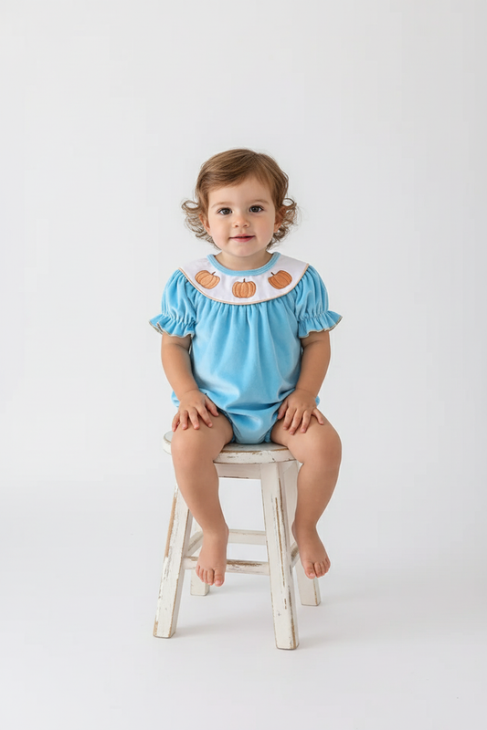 BLUE VELVET PUMPKIN EMBROIDERY GIRL BUBBLE