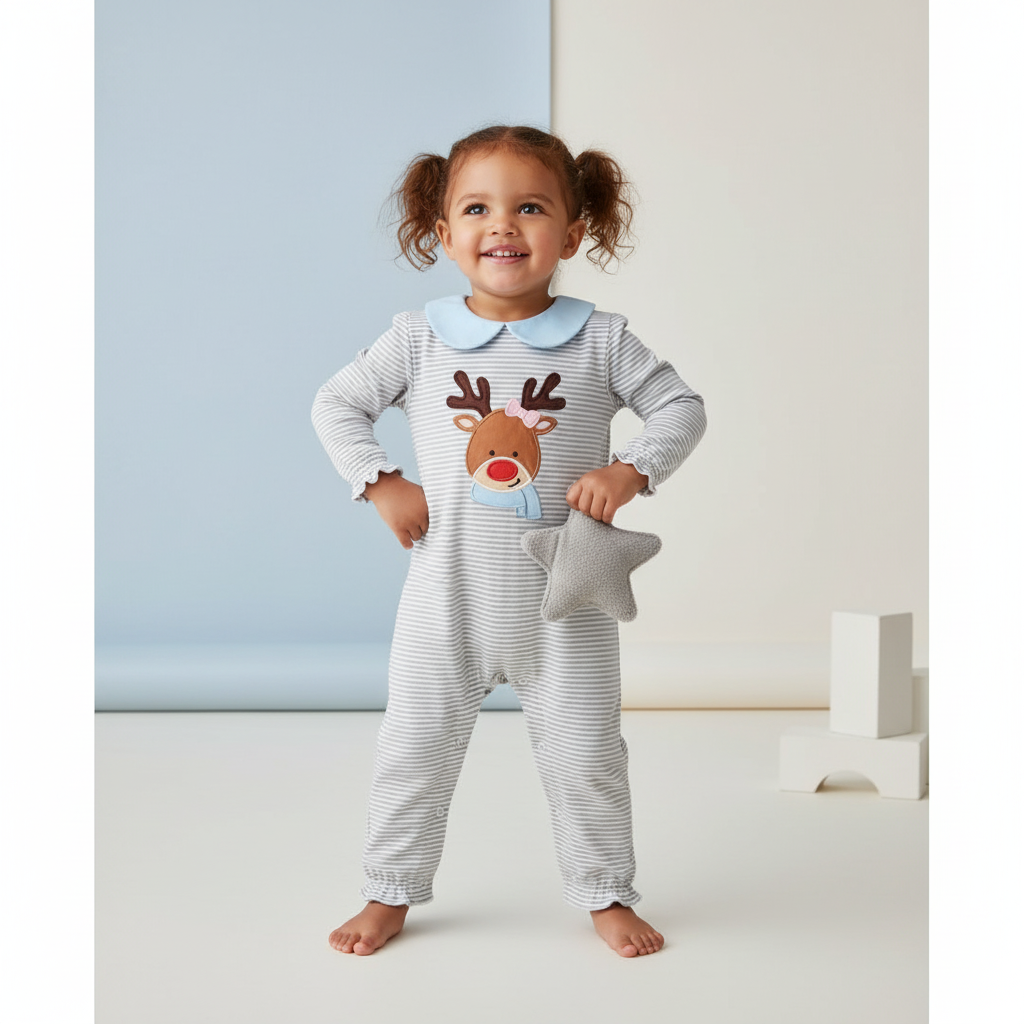 Premium  stripe reindeer applique girl romper