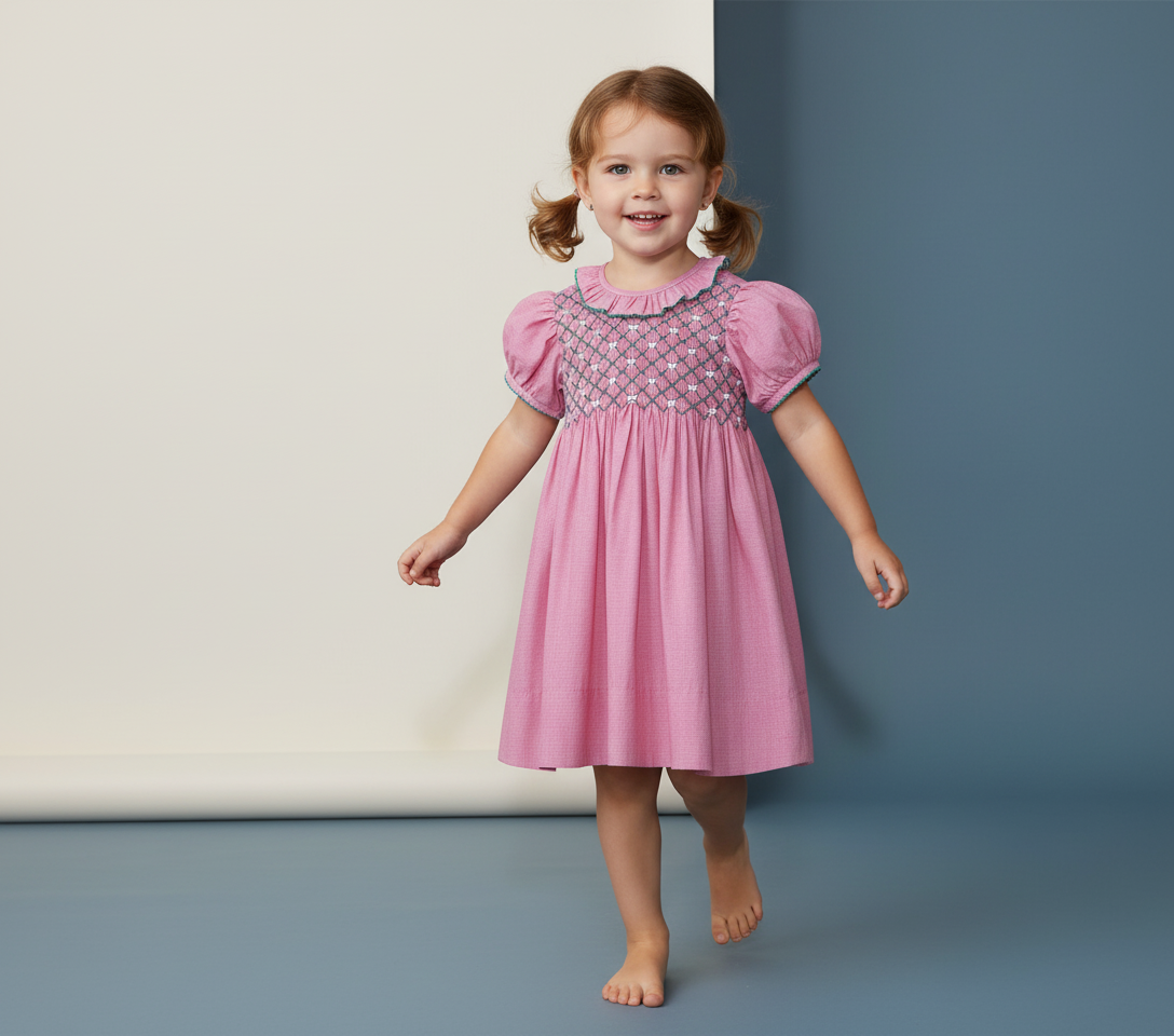 Red. Smocked Heirloom Dress with Collar