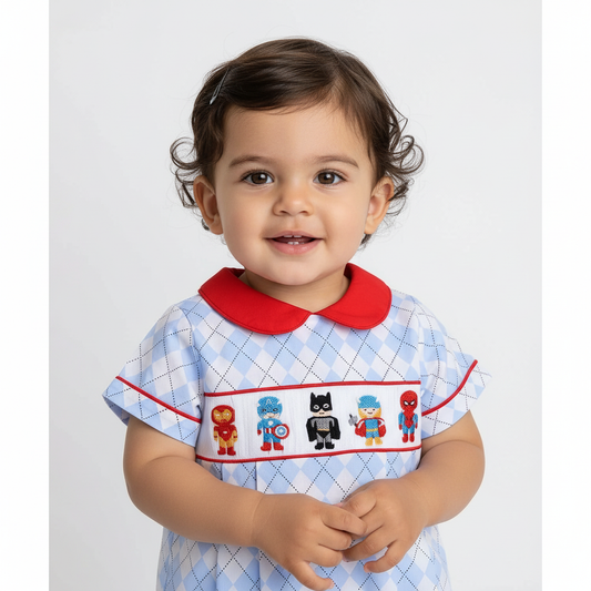 Argyle pattern boy bubble with smocked heroes