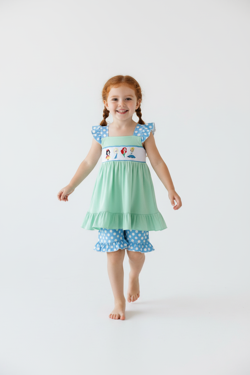 BLUE DOT PRINCESS  EMBROIDERY SMOCKED SHORTS SET
