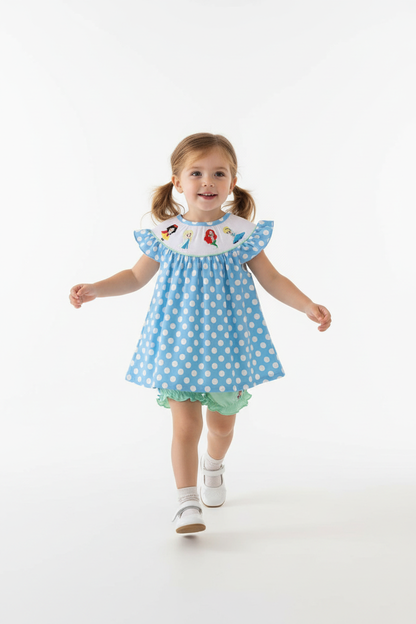 BLUE DOT PRINCESS EMBROIDERY SMOCKED BLOOMER SET