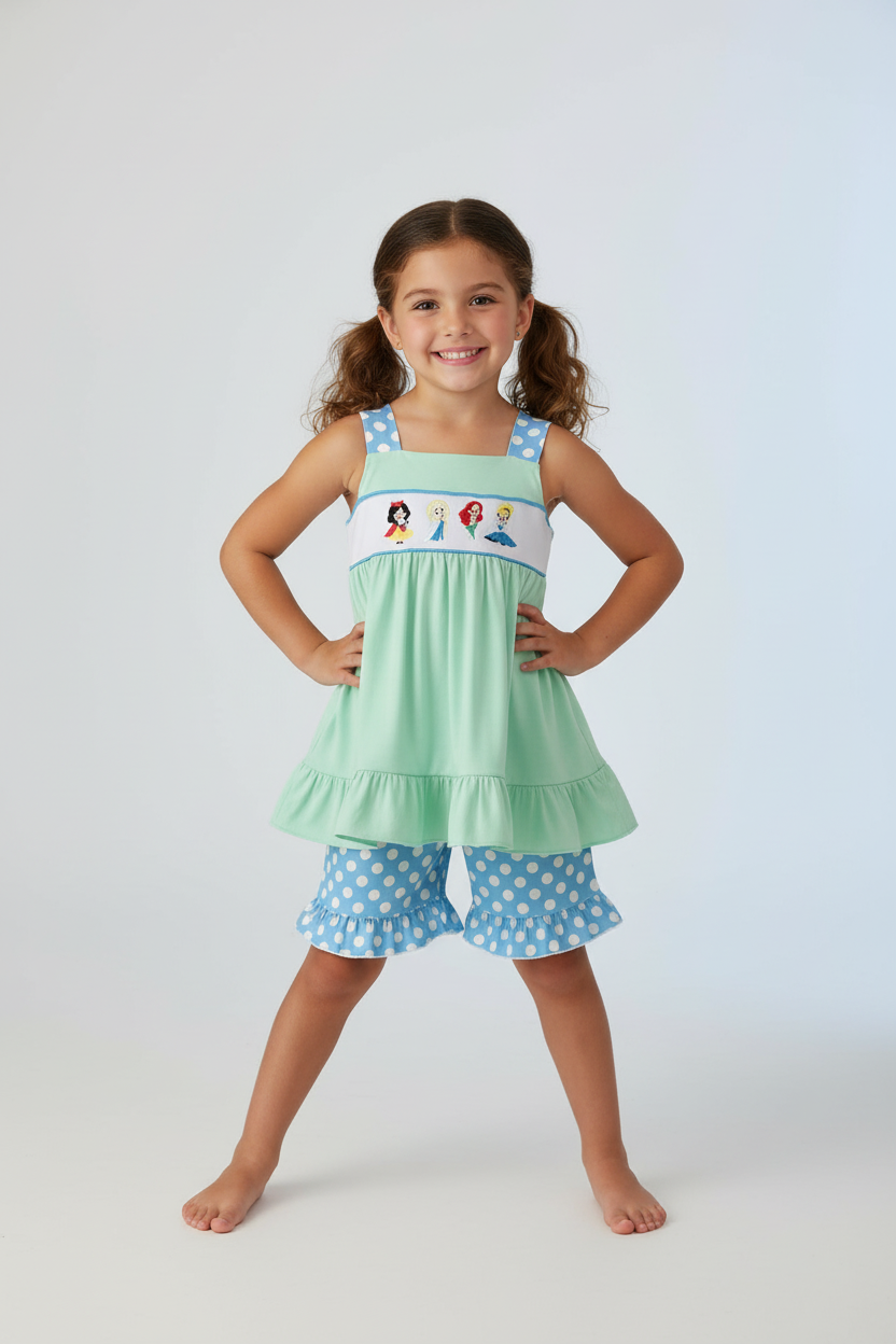 BLUE DOT PRINCESS  EMBROIDERY SMOCKED SHORTS SET