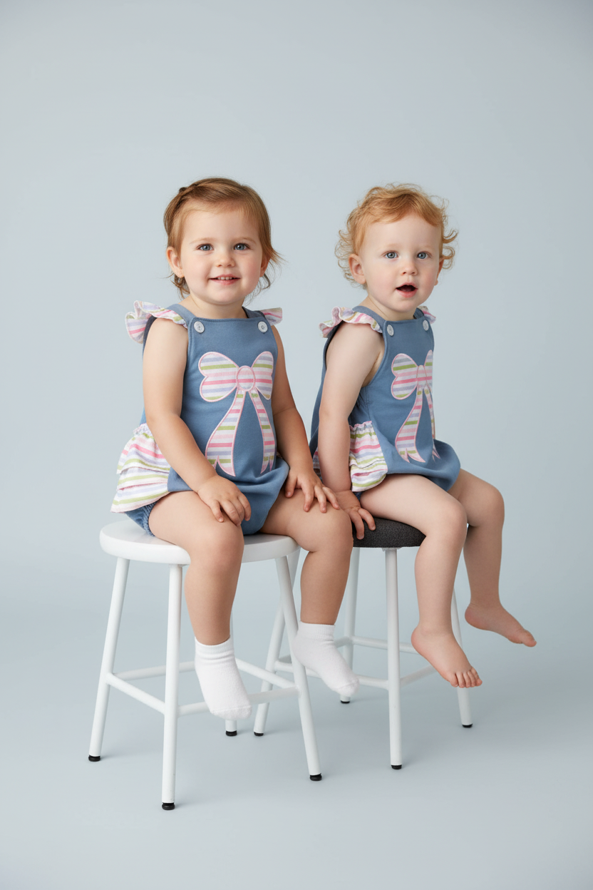 Blue bow applique girl bubble