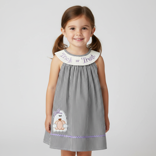 Halloween Striped "Trick Or Treat" Smock Embroidered Baby Girl Dress