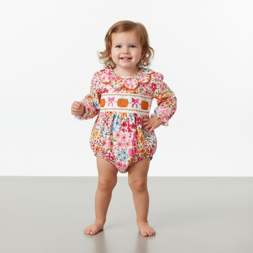 Fall Halloween & Thanksgiving Pumpkin Bow Smock Embroidered Floral Baby Girl Romper