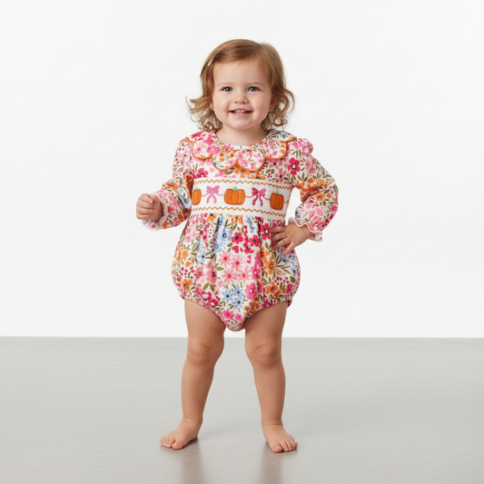 Fall Halloween & Thanksgiving Pumpkin Bow Smock Embroidered Floral Baby Girl Romper