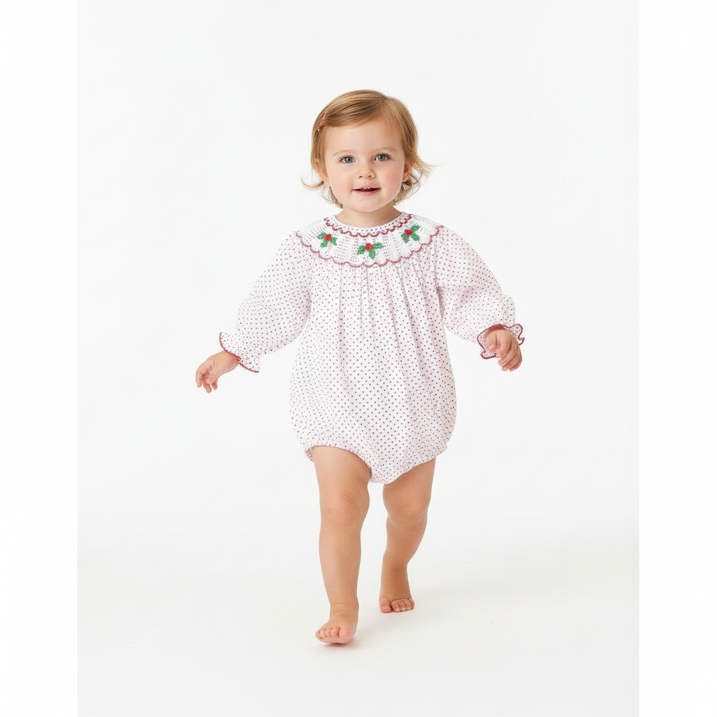 Red christmas bishop hand smocked dot bubble