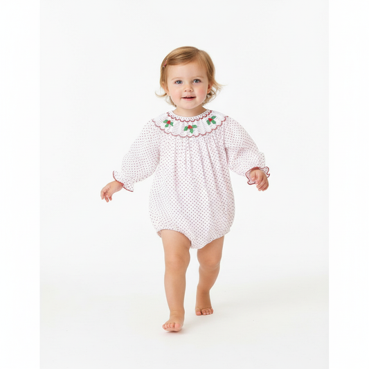Red christmas bishop hand smocked dot bubble
