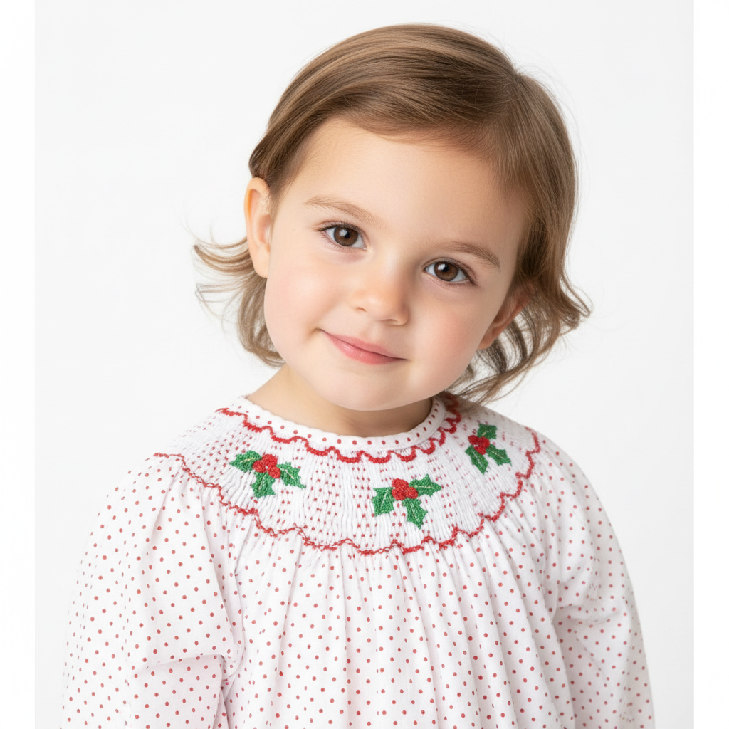Red christmas bishop hand smocked dot bubble