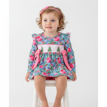 BLUE CHRISTMAS TREE SMOCKED RUFFLE BLOOMER SET