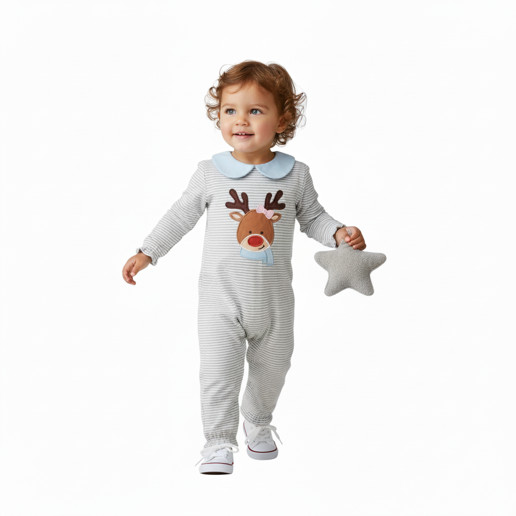 Premium  stripe reindeer applique girl romper