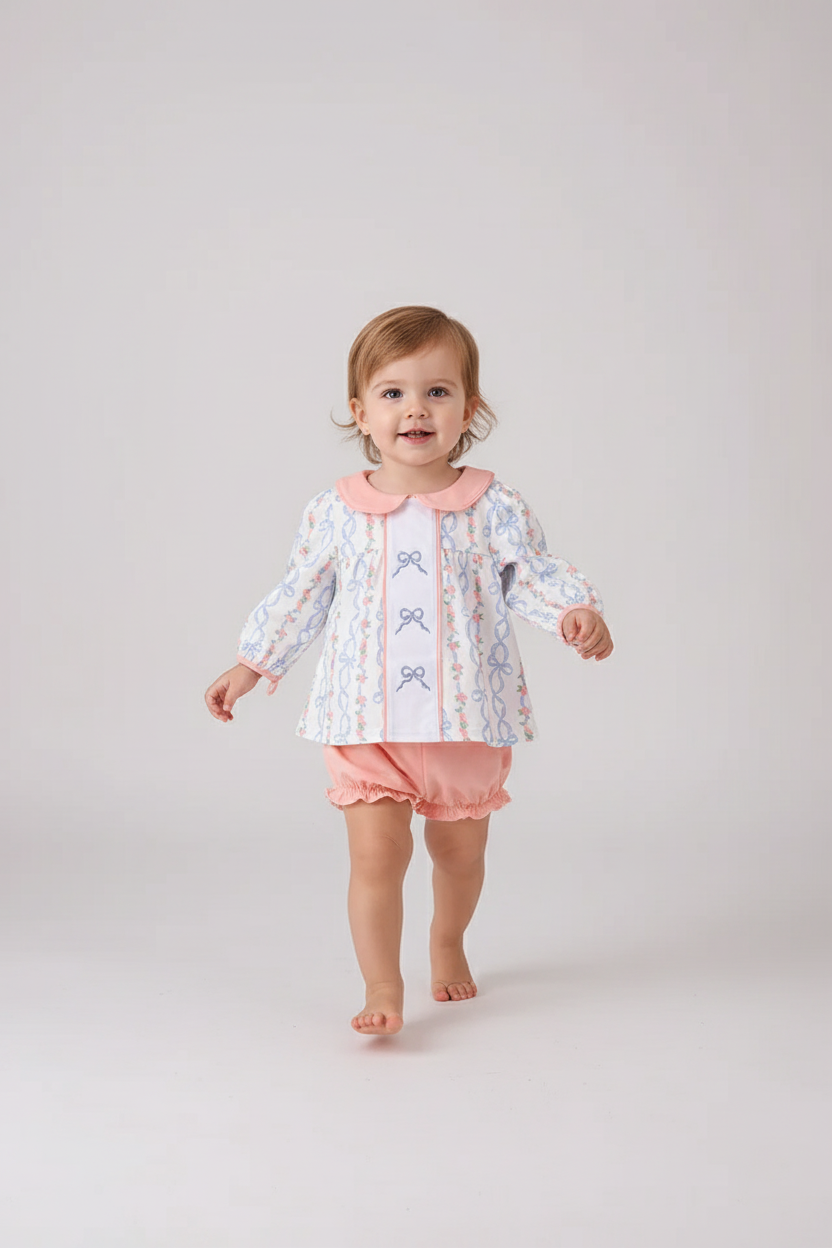 PINK FLORAL BOW EMBROIDERY BLOOMER SET