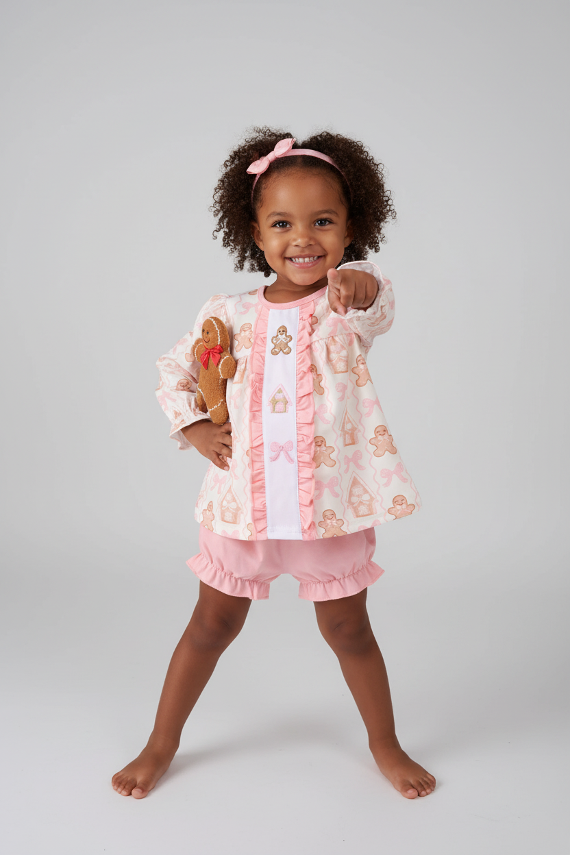 PINK GINGERBREAD EMBROIDERY RUFFLE BLOOMER SET