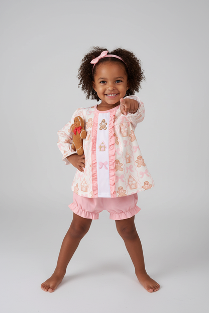 PINK GINGERBREAD EMBROIDERY RUFFLE BLOOMER SET