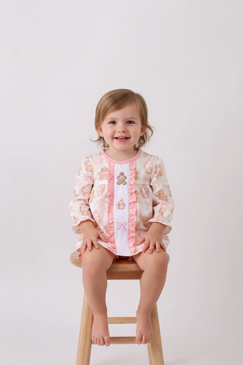 PINK GINGERBREAD EMBROIDERY RUFFLE BLOOMER SET
