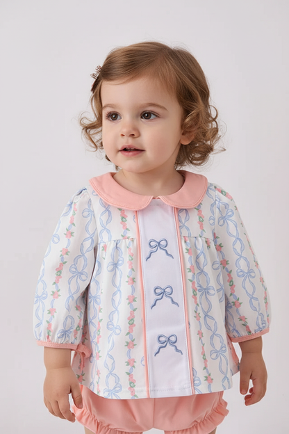 PINK FLORAL BOW EMBROIDERY BLOOMER SET