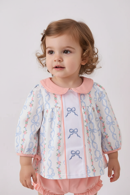 PINK FLORAL BOW EMBROIDERY BLOOMER SET