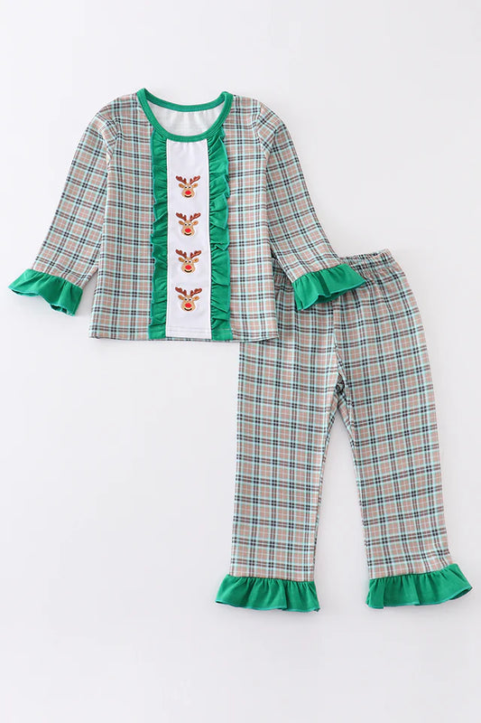 Green plaid christmas deer embroidery girl pajamas set