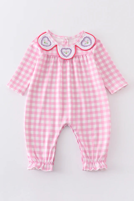 Pink Valentines Day Plaid Embroidered Romper