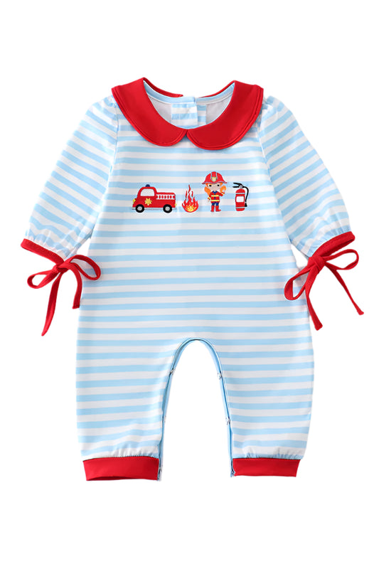 Blue stripe fire engine embroidery girl romper