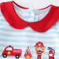 Blue stripe fire engine embroidery girl romper