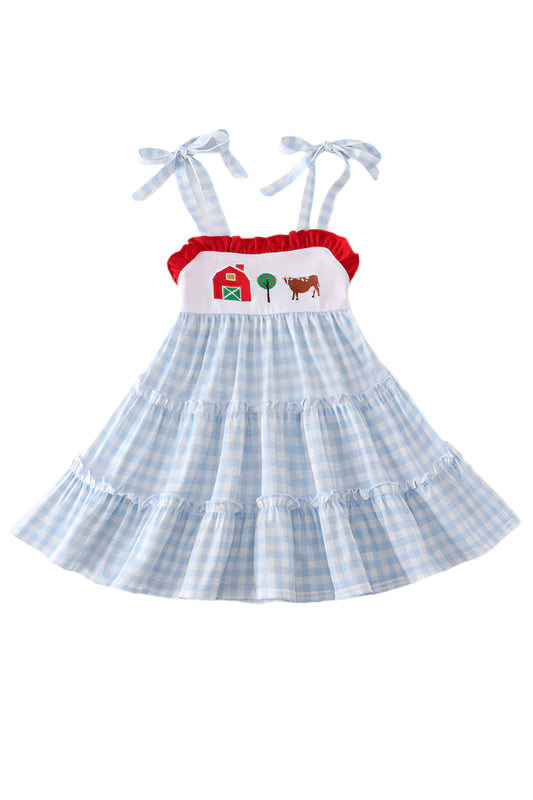 Blue plaid farm embroidery tiered dress