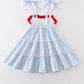 Blue plaid farm embroidery tiered dress
