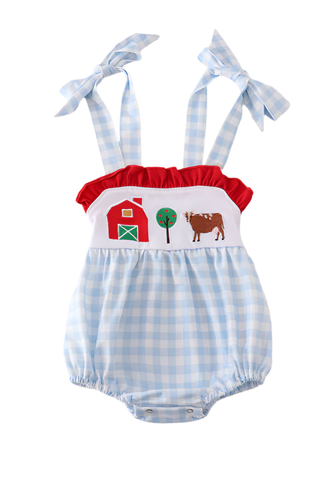 Blue Plaid Farm Embroidered Bubble