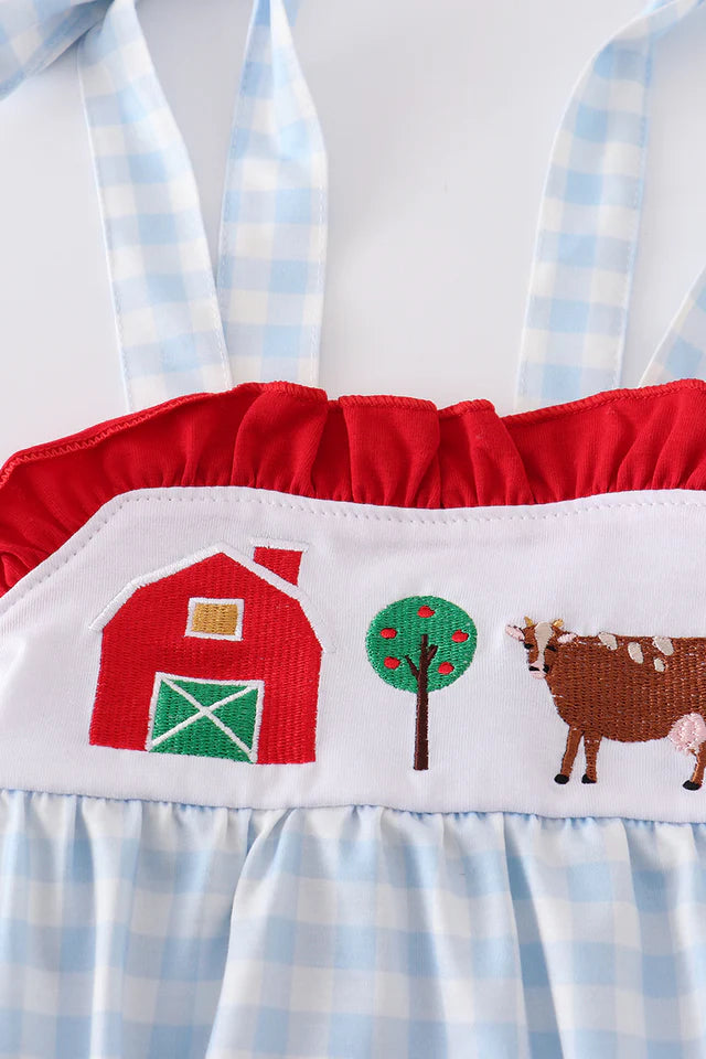 Blue Plaid Farm Embroidered Bubble