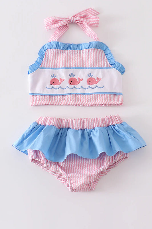 Pink seersucker whale embroidery 2 piece swimsuit
