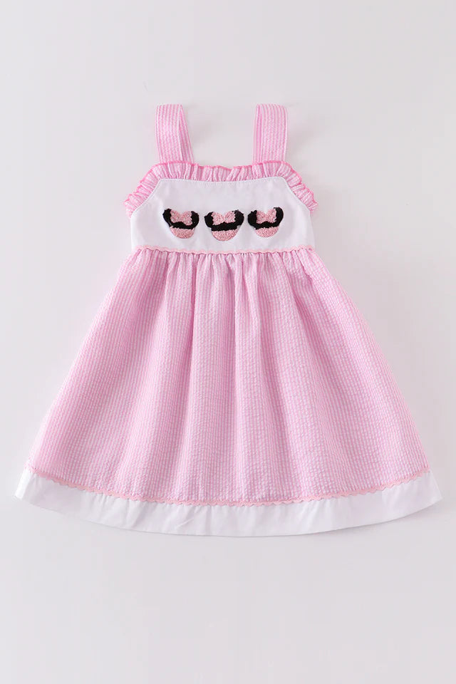 Pink character French knot seersucker dress with back bow