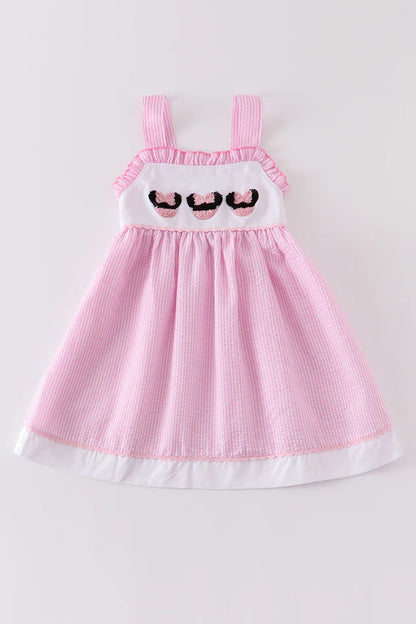 Pink character French knot seersucker dress with back bow